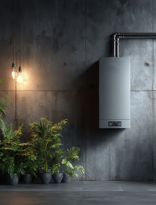 Chaudière murale grise moderne et plantes vertes luxuriantes sous des ampoules Edison suspendues sur un mur en béton foncé.