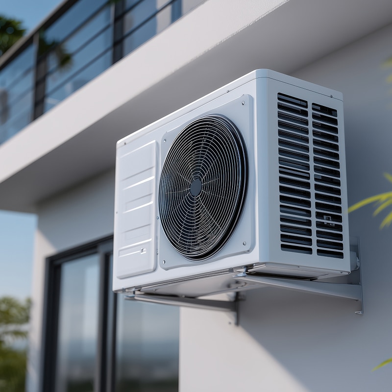 Unité extérieure de climatiseur blanc moderne fixée au mur d'un bâtiment moderne sous un balcon vitré, vue rapprochée.