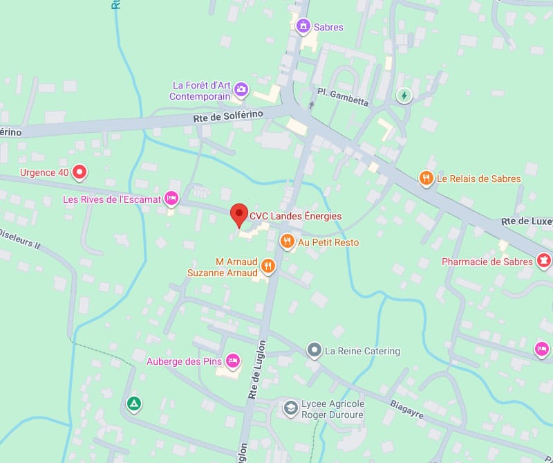 CVC Landes Énergies : Carte Sabres et Commerces Locaux Carte localisant CVC Landes Énergies près de la Rte de Solférino et Rte de Luglon, montrant des commerces comme La Forêt d'Art Contemporain, Pharmacie de Sabres et Auberge des Pins.