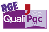 Logo RGE Quali Pac en violet et bordeaux, associant les certifications RGE et Quali Pac pour les systèmes de chauffage/climatisation.