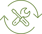 Maintenance et Réparation : Cycle d'Outils de Service Icône verte stylisée montrant une clé à molette croisée avec un tournevis, entourée d'une flèche circulaire suggérant maintenance, réparation ou cycle de service continu.